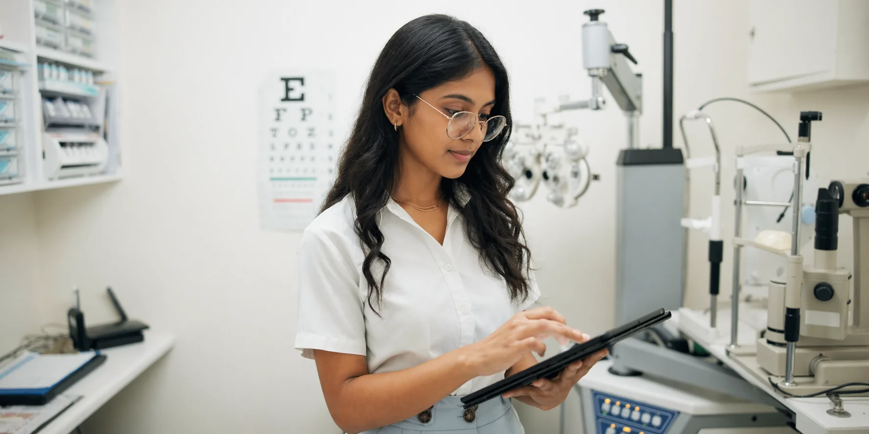 Young eye care professional using a tablet inside a modern optometry clinic with advanced ophthalmic examination equipment