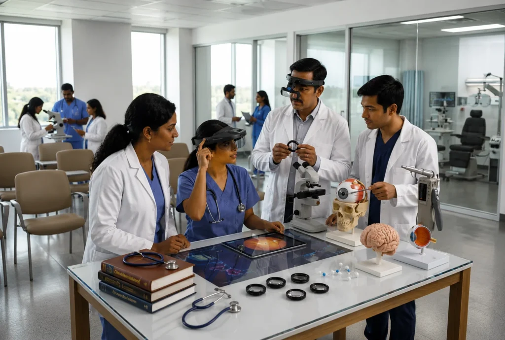 Students receiving clinical training for BSc Optometry Admission Kerala 2026 in a modern eye care laboratory