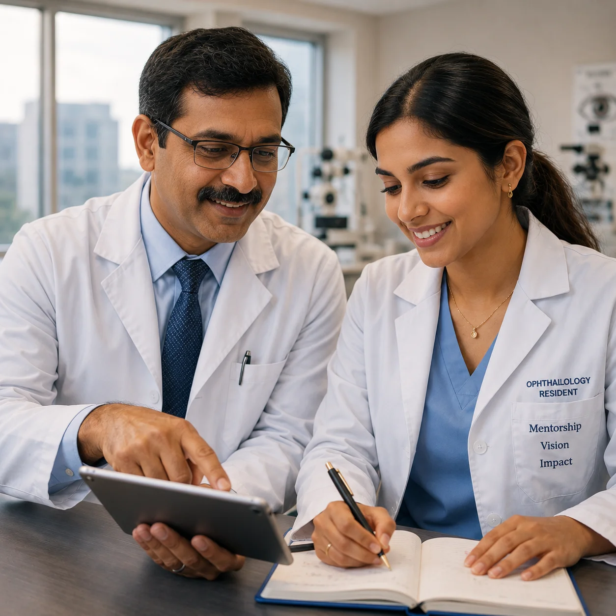 Doctor mentoring an ophthalmology student during medical training at Alsalama Education