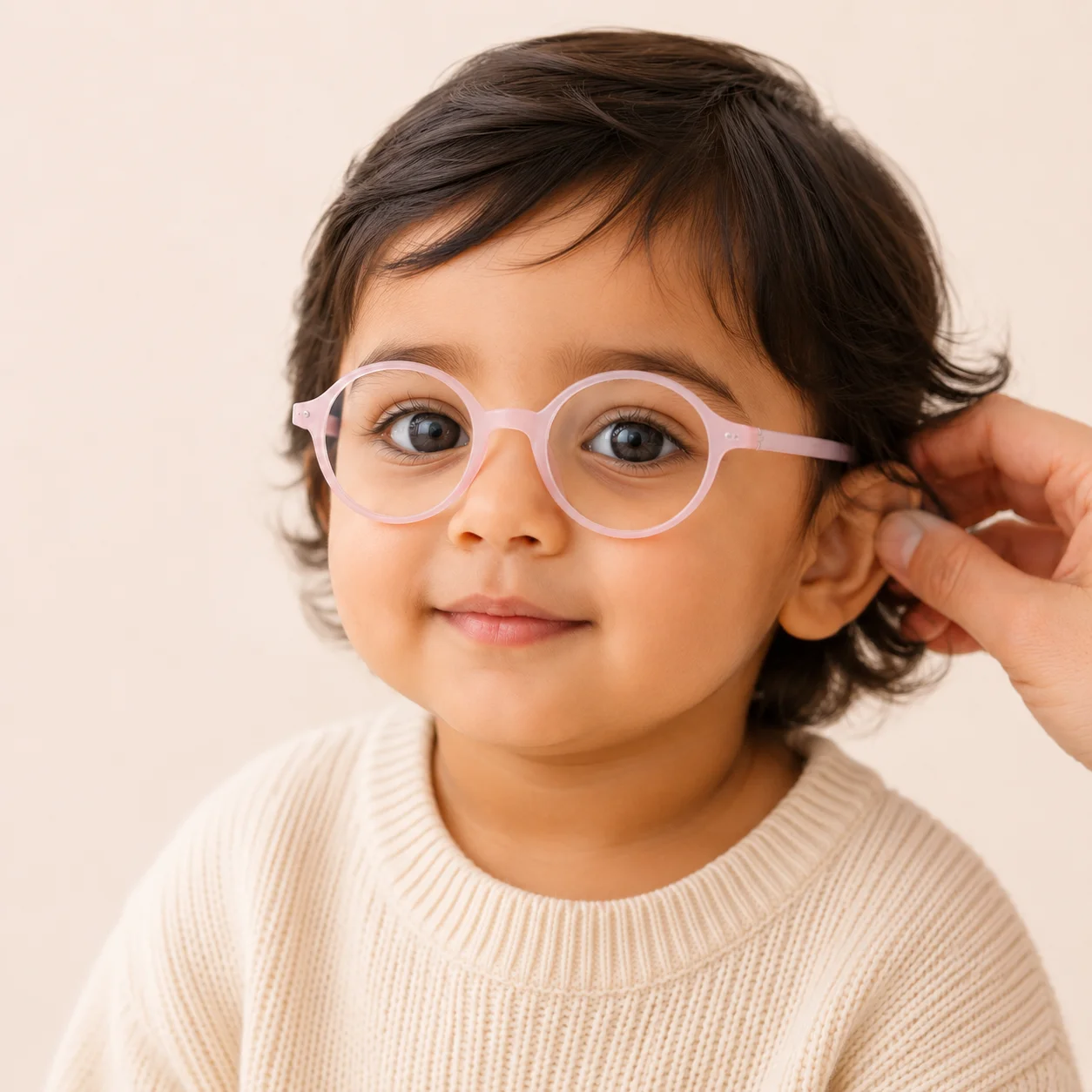 Child wearing eyeglasses during an eye care consultation