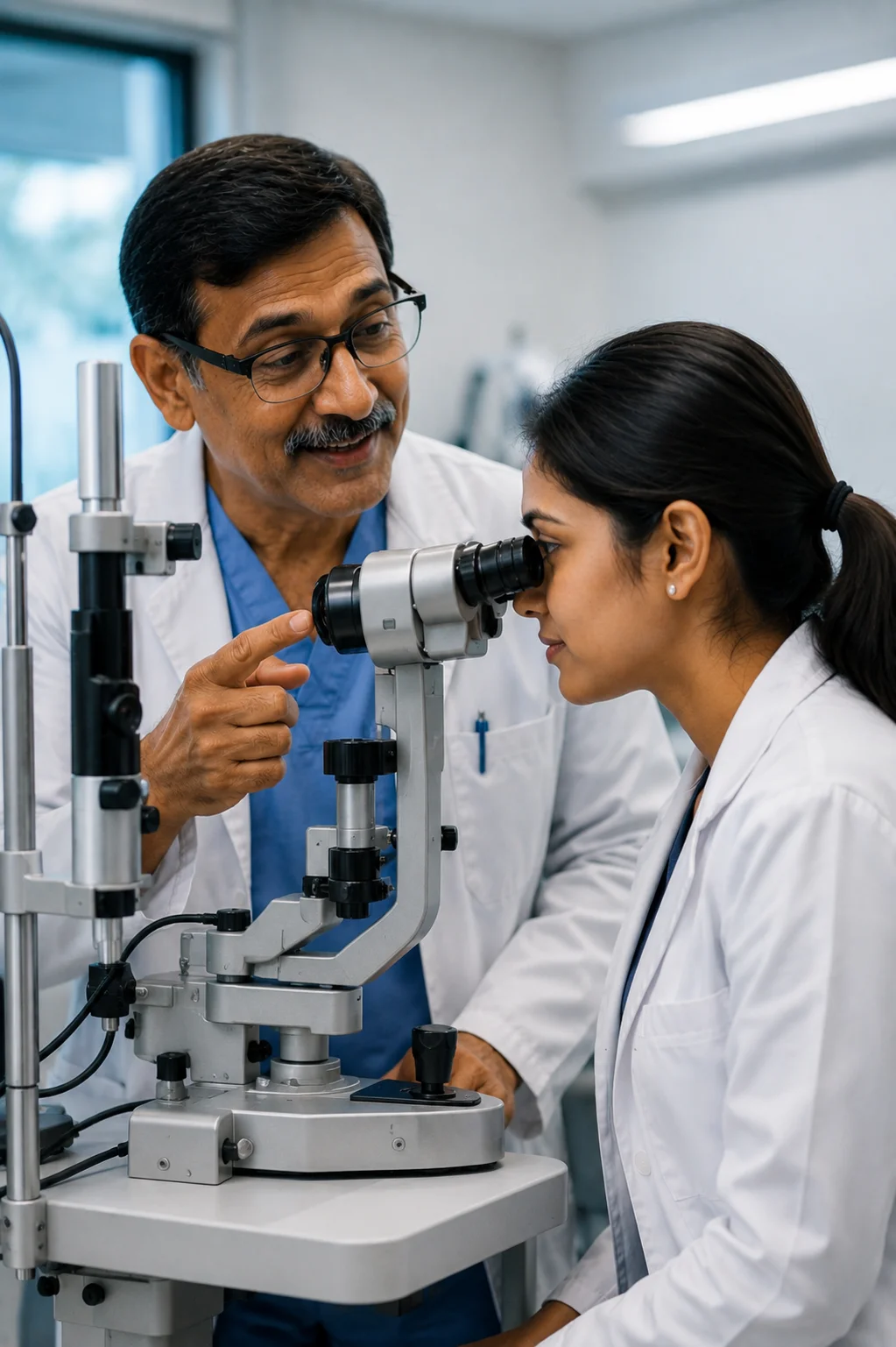 Doctor guiding a student during eye examination training at Alsalama Education