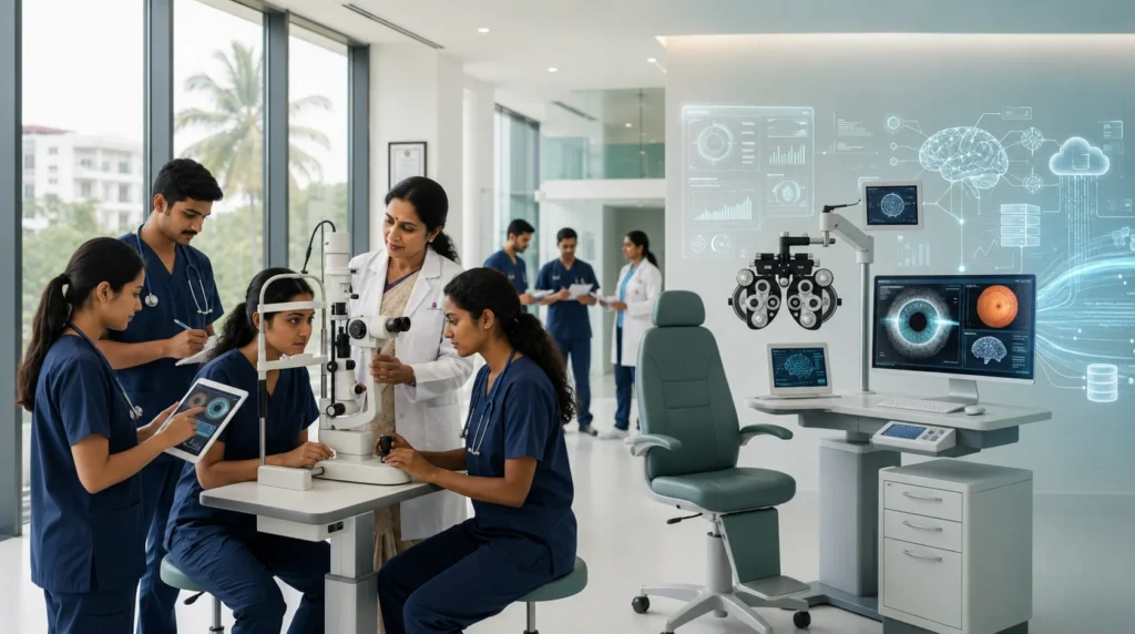 Students receiving clinical training for BSc Optometry Admission Kerala 2026 in a modern eye care laboratory