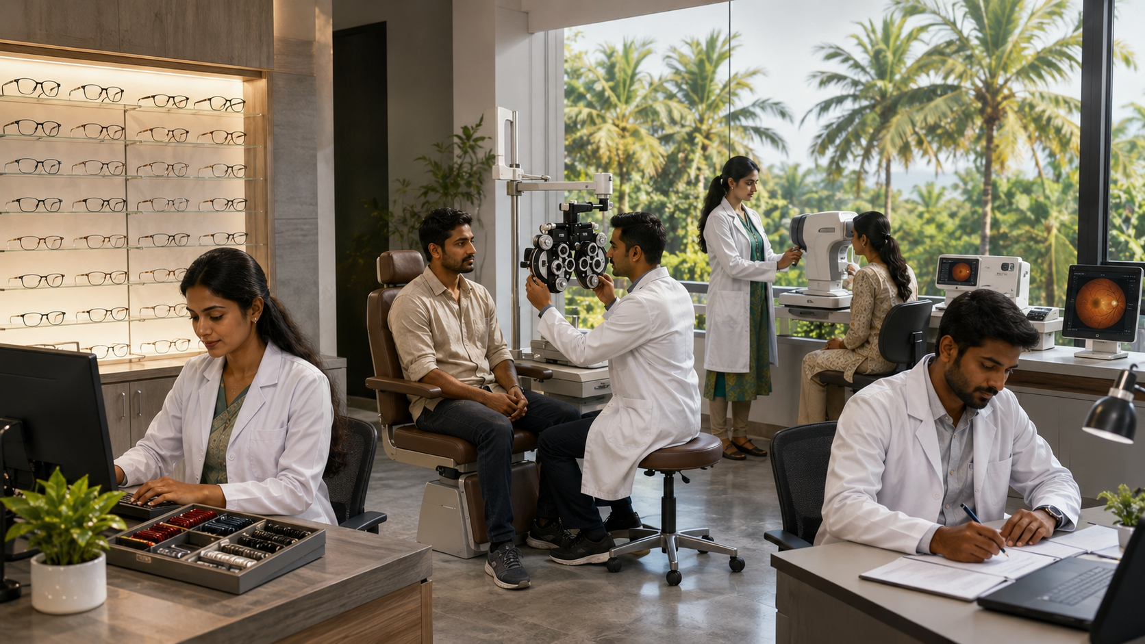 Indian optometrists performing eye examinations in a modern UAE clinic with advanced ophthalmology equipment and Kerala-style professionals in a realistic healthcare setting.