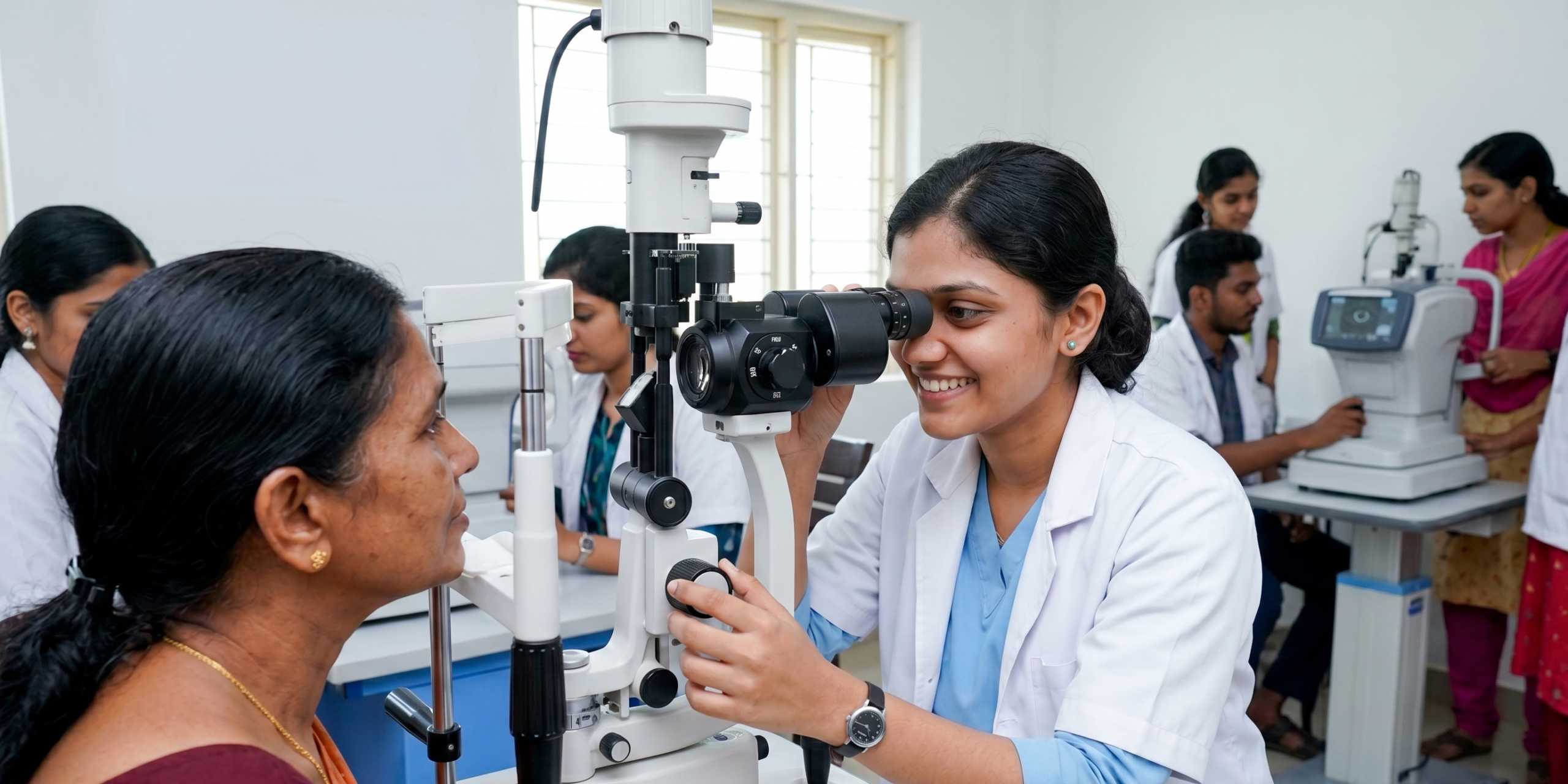 A young female optometry student examining a patient's eyes using a slit lamp in a Kerala clinic, representing top healthcare courses and career options without NEET.