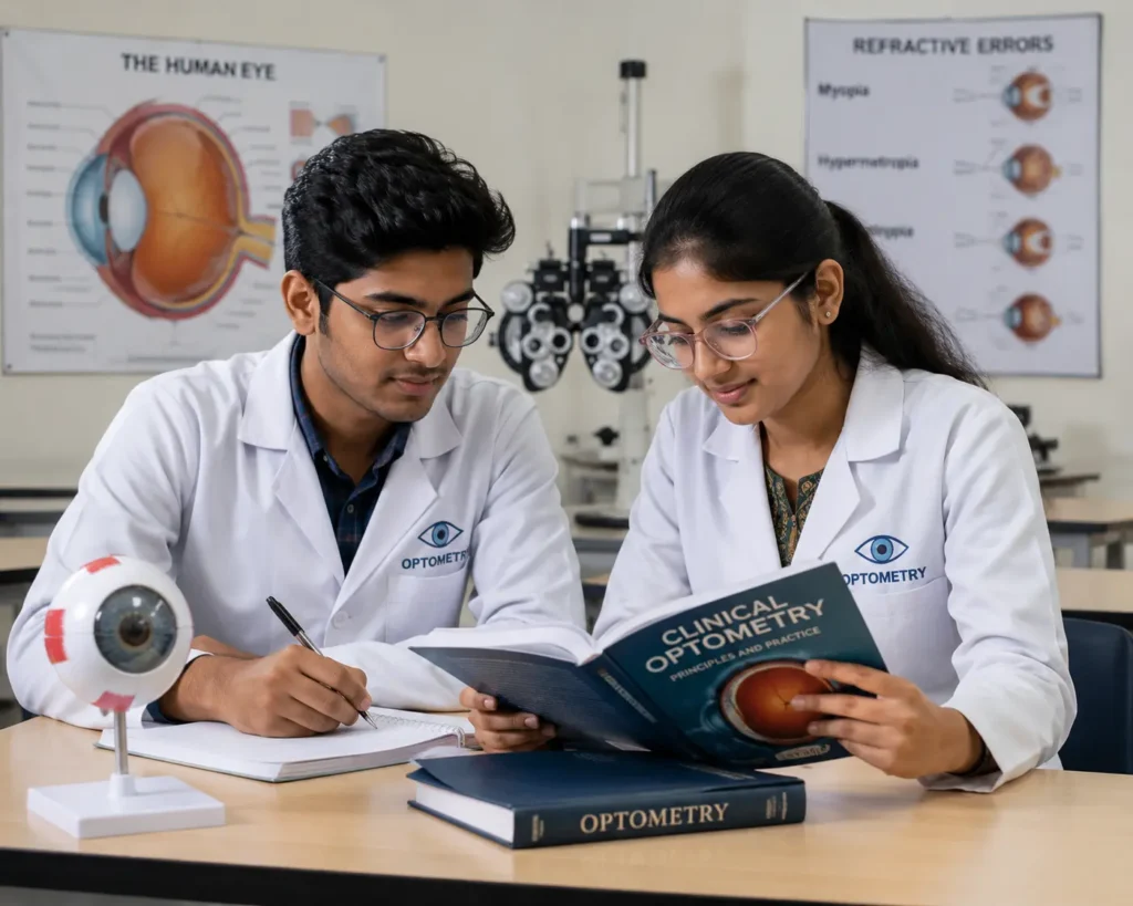 Two Indian BSc Optometry students studying eye care concepts in an optometry classroom with diagnostic equipment and anatomical eye charts.