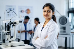 Female BSc Optometry student standing in a modern eye care laboratory with a slit lamp during BSc Optometry Admission 2026 in Kerala.