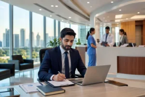Hospital administrator working on reports in a modern healthcare office with doctors and nurses in the background, representing hospital administration salary opportunities in India and GCC countries.