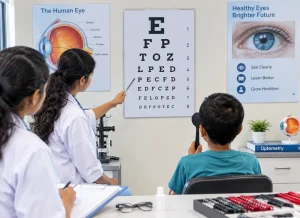 Indian optometry student conducting a visual acuity test on a child using a Snellen eye chart in a clinical classroom