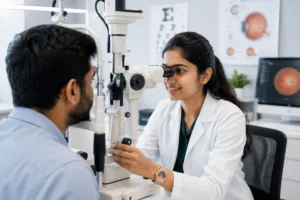 Young Indian B.Sc Optometry graduate in a white coat performing a slit lamp eye examination on a patient in a modern eye clinic, illustrating the role of an optometrist and helping answer the question "Is B.Sc Optometry a Doctor?" by showcasing primary eye care, vision testing, eye health assessment, and professional clinical practice.