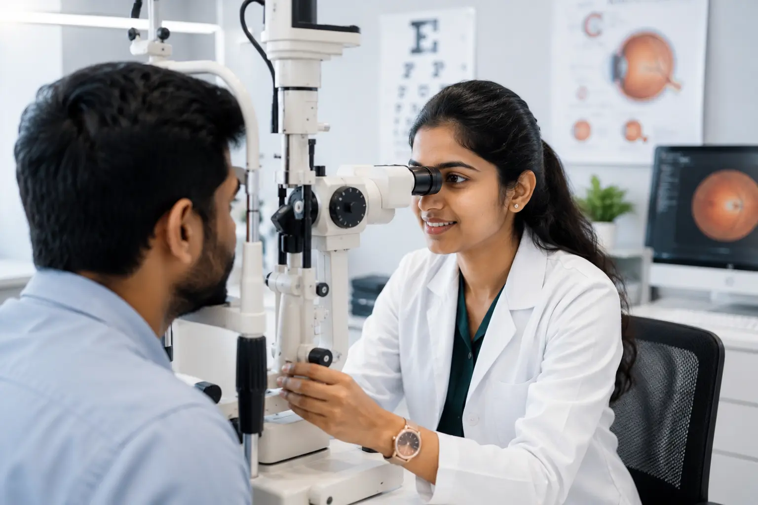 Young Indian B.Sc Optometry graduate in a white coat performing a slit lamp eye examination on a patient in a modern eye clinic, illustrating the role of an optometrist and helping answer the question "Is B.Sc Optometry a Doctor?" by showcasing primary eye care, vision testing, eye health assessment, and professional clinical practice.