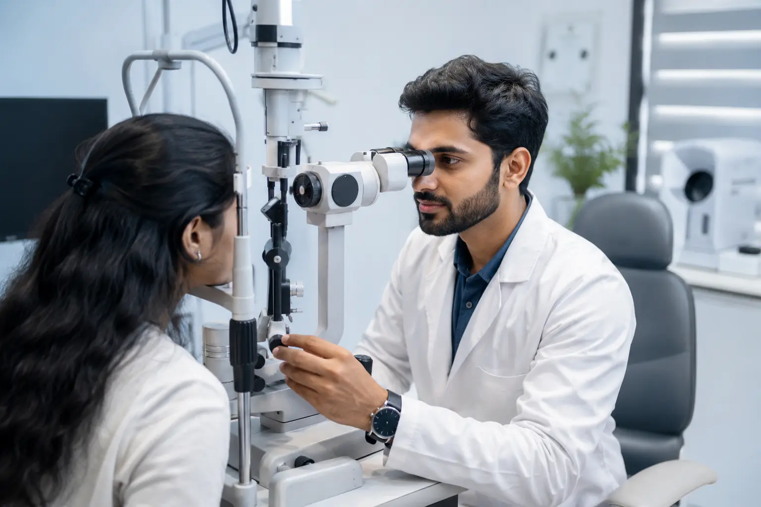 A young Indian B.Sc Optometry student examining a patient's eyes using a slit lamp in a modern eye clinic, demonstrating the clinical responsibilities of an optometrist and helping explain whether B.Sc Optometry graduates are doctors or primary eye care professionals.