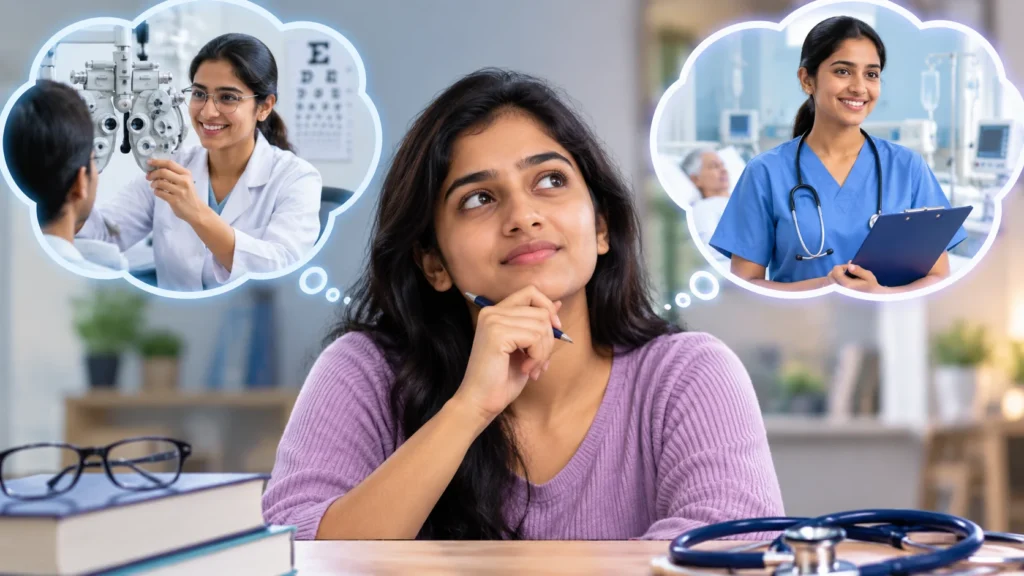 A South Asian female student sits at a desk thinking about choosing between optometry and nursing after +2, with thought bubbles showing an eye examination by an optometrist and a nurse caring for a patient in a modern hospital, representing two healthcare career paths.