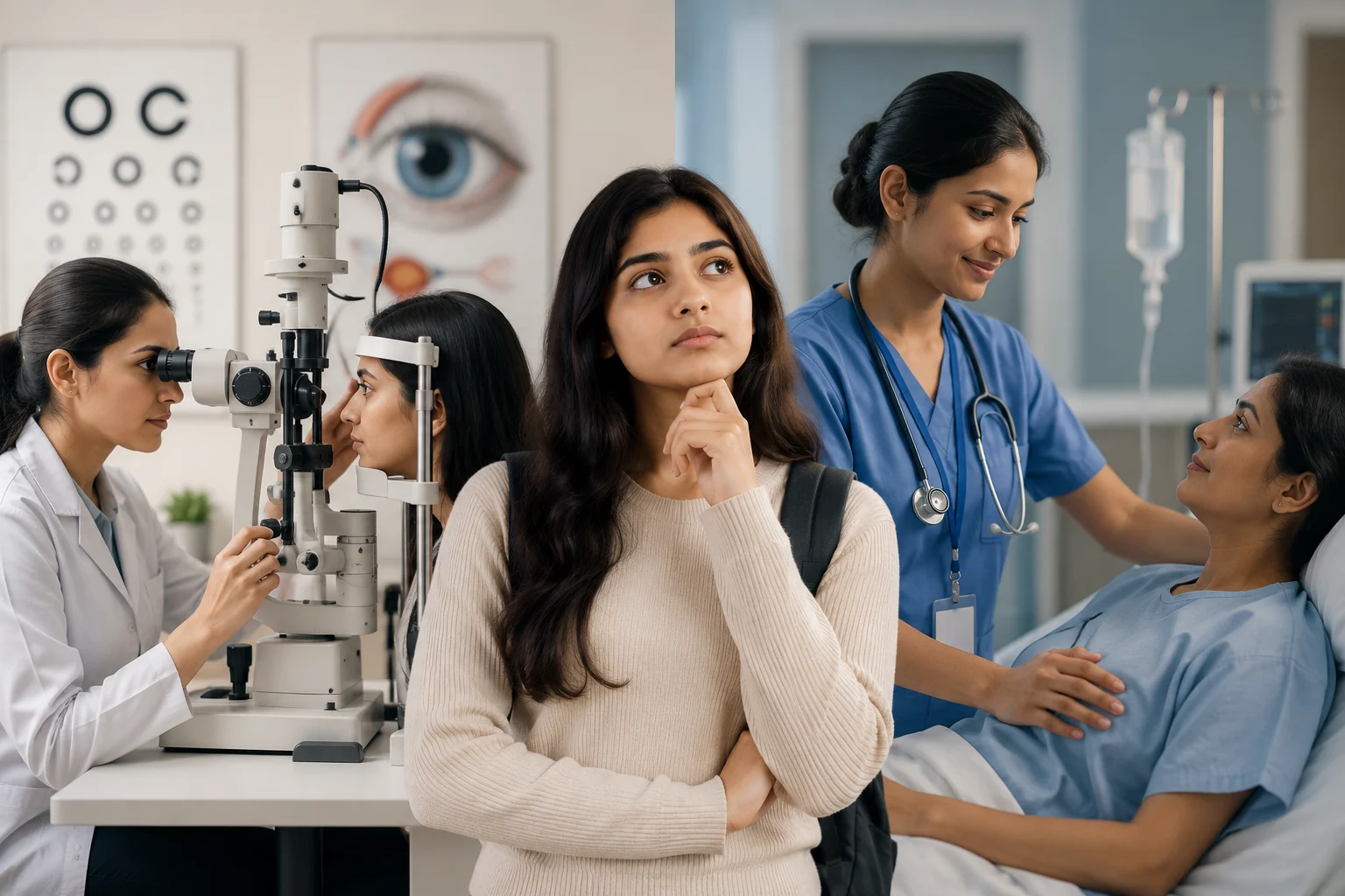 A South Asian student thoughtfully compares optometry and nursing careers after Class 12, with an optometrist performing an eye examination on one side and a nurse caring for a hospital patient on the other in a realistic split-screen hospital and eye clinic setting.