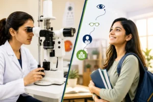 Indian optometry student examining patient with slit lamp, illustrating BSc Optometry career path without NEET