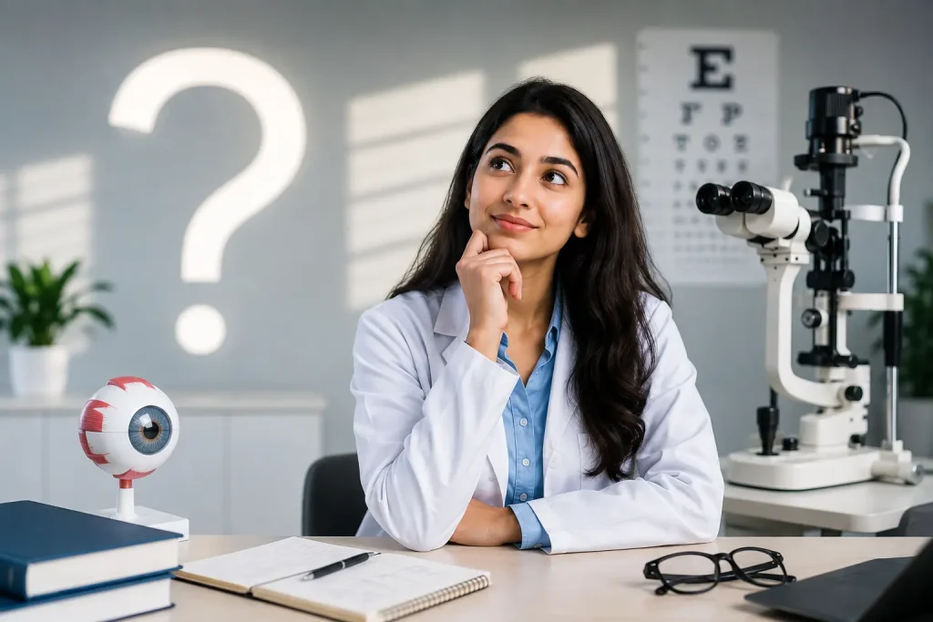Thoughtful woman in a white coat sitting in an ophthalmology clinic with an eye model, slit lamp, and vision chart in the background, representing the question of becoming an eye doctor without an MBBS degree.