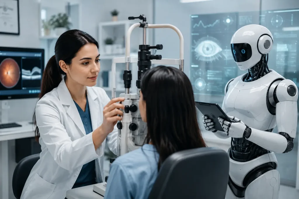 AI optometry jobs career guide showing an optometrist examining a patient with an AI assistant in a modern eye clinic