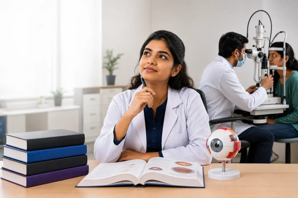 How to Become an Ophthalmologist in India: NEET Path vs Non-NEET Alternatives (2026 Guide) – Indian medical student preparing for an ophthalmology career while an eye doctor examines a patient in a modern eye clinic.