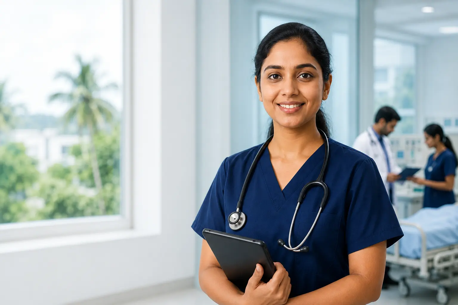 South Asian female physician associate in navy scrubs and stethoscope standing in a modern Kerala hospital
