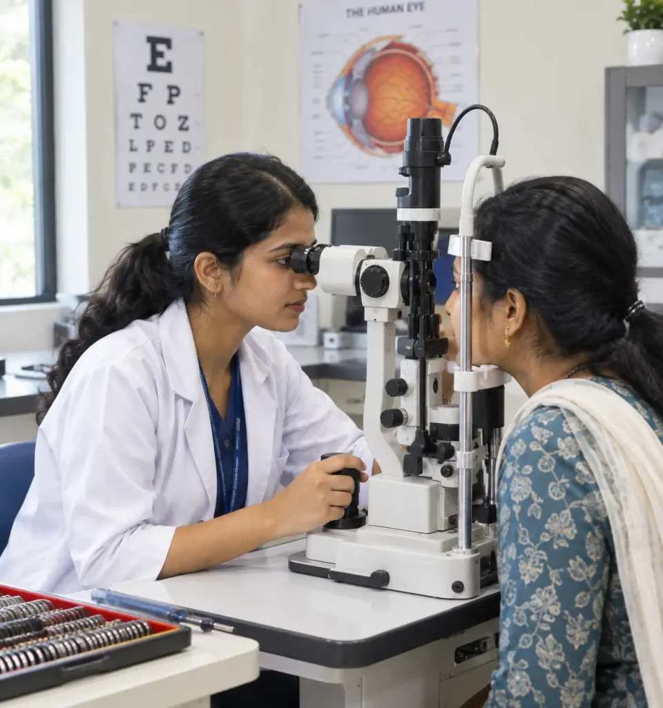 Optometry student using ophthalmic diagnostic equipment during clinical training
