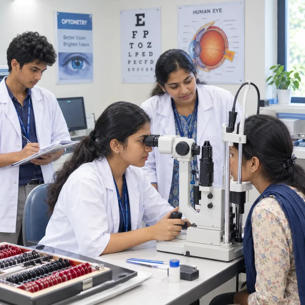 Optometry students receiving clinical eye examination training in Kerala