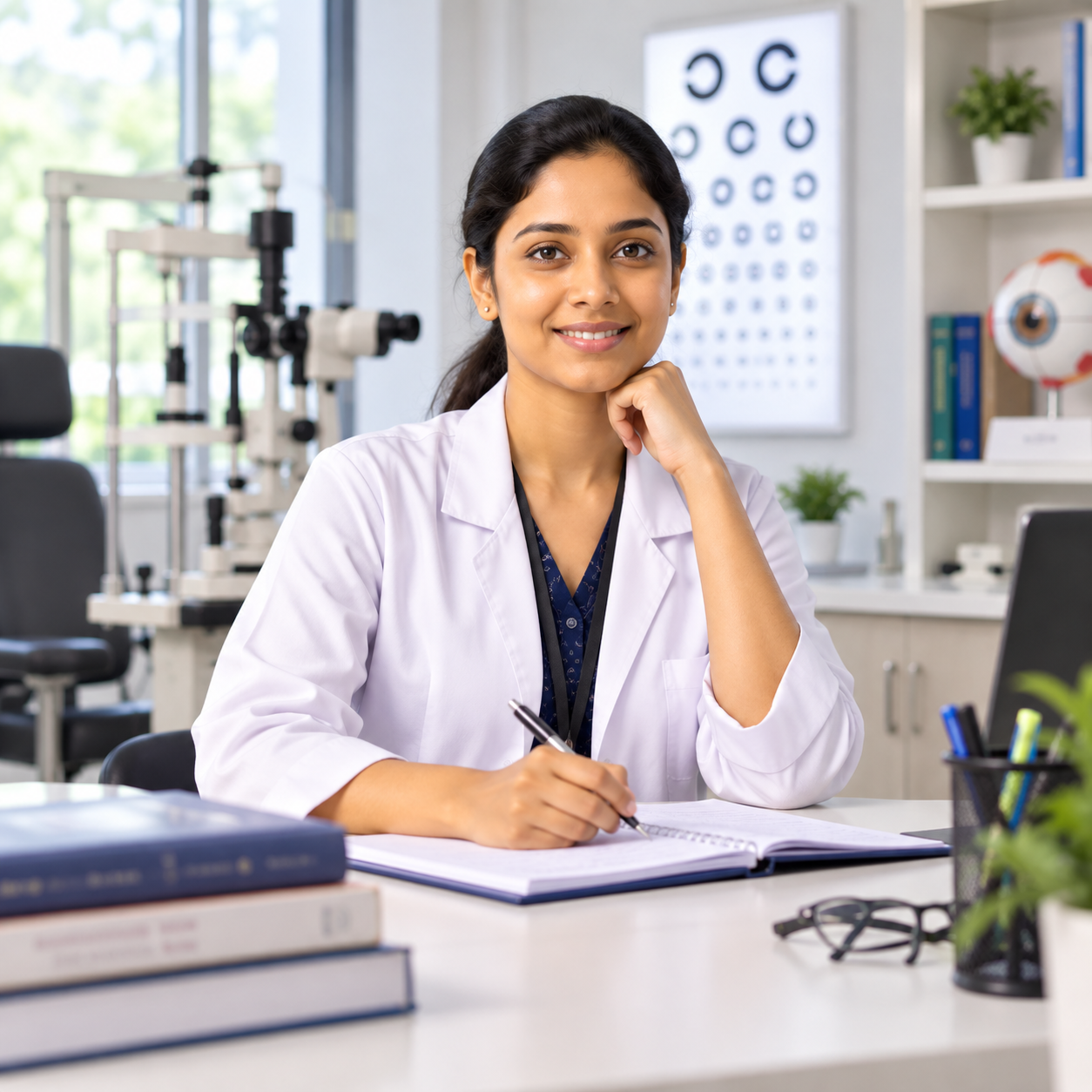 Indian optometry student smiling in a modern eye-care clinic