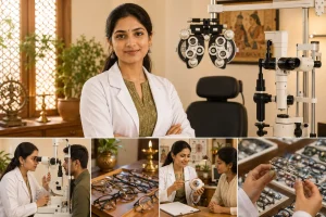 Indian optometrist performing eye care and vision testing with professional optometry equipment