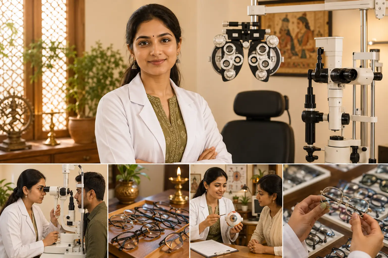 Indian optometrist performing eye care and vision testing with professional optometry equipment