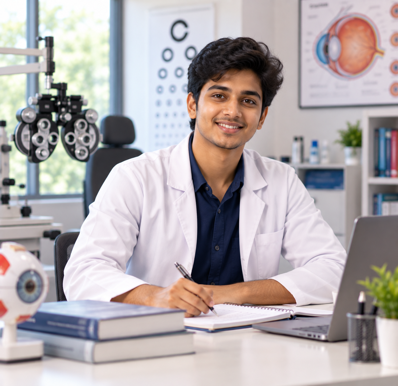 Indian male optometry student in a modern eye care clinic