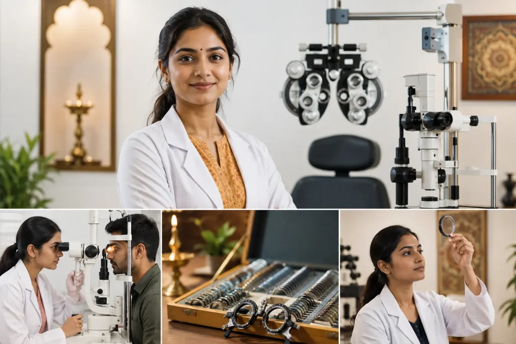 BSc Optometry student or optometrist conducting an eye examination in a modern Indian optometry clinic